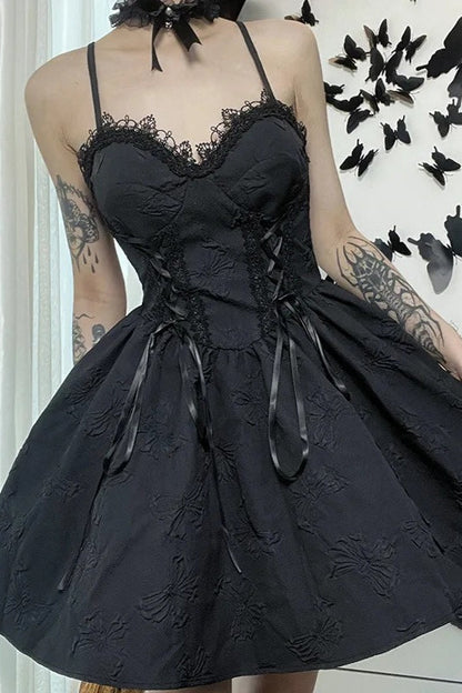 Black Gothic Jacquard Tie Up Lace Trim A-line Mini Dress