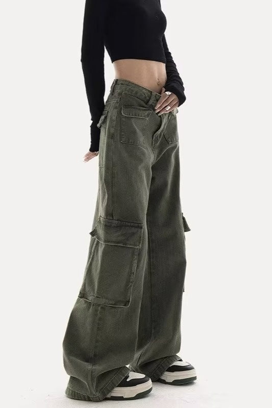 Chic Cargo Straight Wide-Leg Casual Jeans