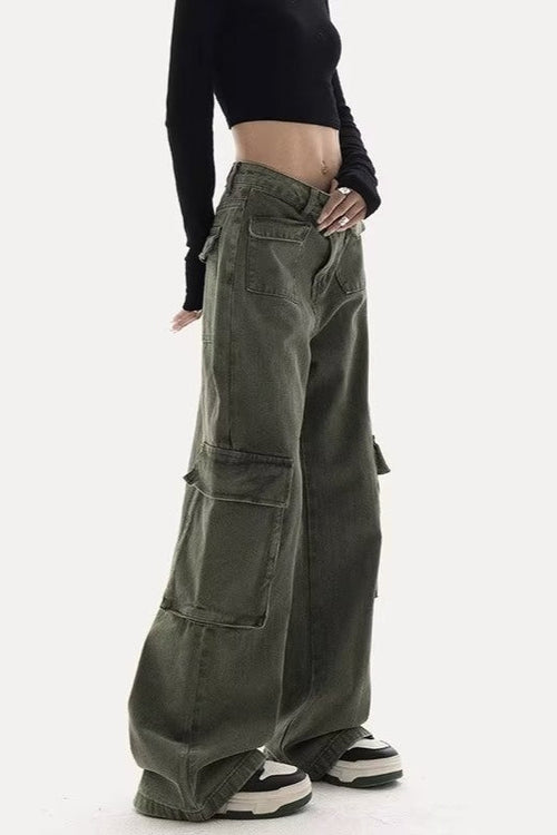Chic Cargo Straight Wide-Leg Casual Jeans