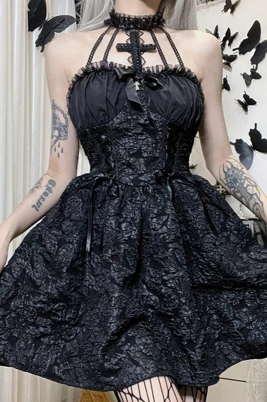 Black Gothic Jacquard Ruched Bandage A-line Mini Dress