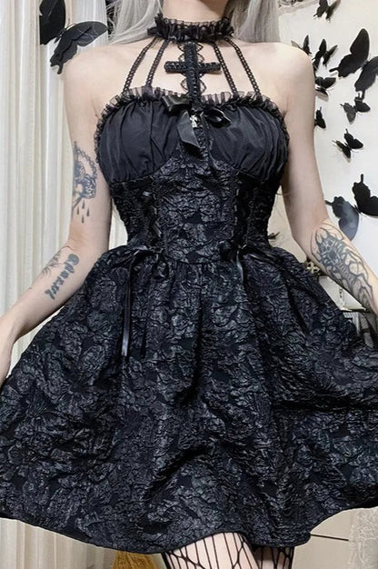 Black Gothic Jacquard Ruched Bandage A-line Mini Dress