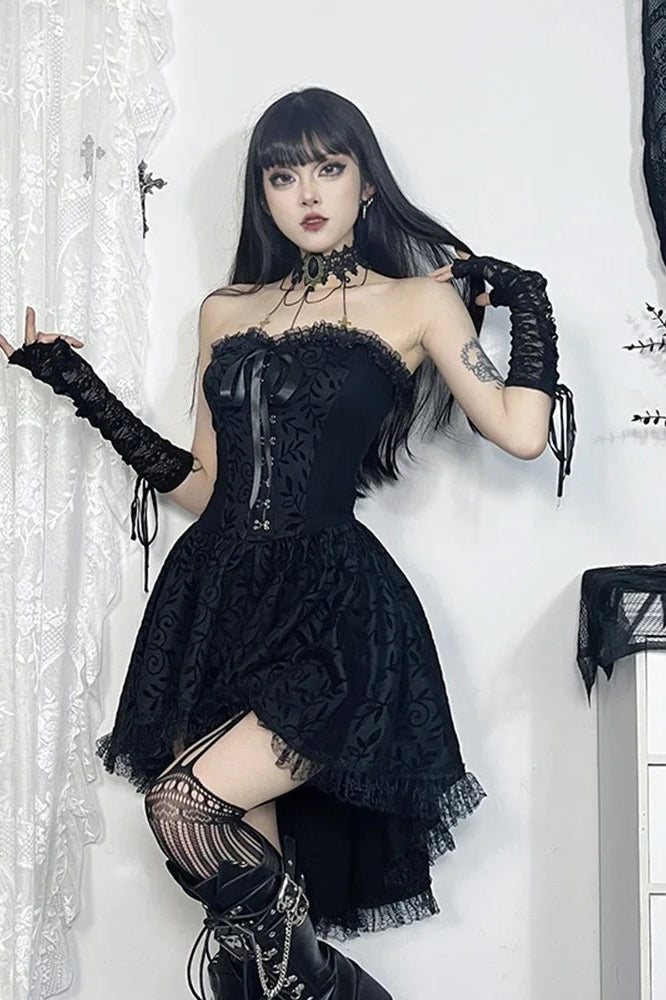 Dark Lace Patchwork High Waist Bandage Corset Gothic Mini Dress