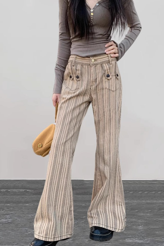 Low Waist Micro Flare Khaki Striped Y2K Slim Jeans