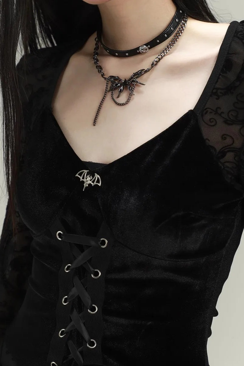 Black Velvet Lace Splice Bowknot Bell Sleeve Goth Mini Dress