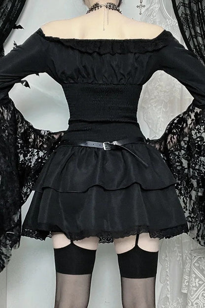 Dark Gothic One Shoulder Shaping Waist Patchwork Slim Mini Dress