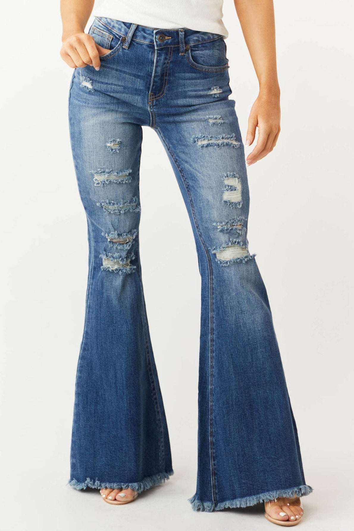Slim Stretch Mid Waist Distressed Fringe Vintage Flare Jeans
