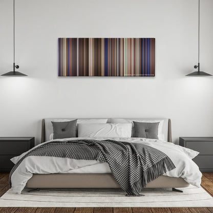 Bill & Ted's Excellent Adventure color palette canvas above a bed, between two black pendant lamps