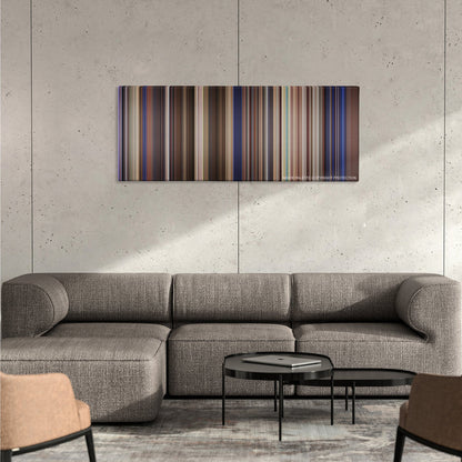 Bill & Ted's Excellent Adventure color palette canvas on a concrete wall above a gray sectional sofa