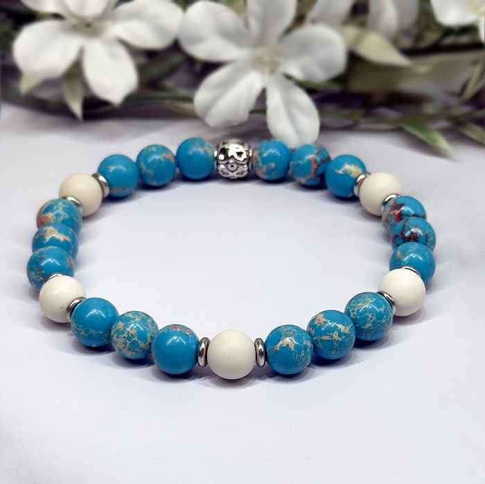 Blue Imperial Jasper and Matte Ivory Jade Stretch Bracelet – Artisan Made