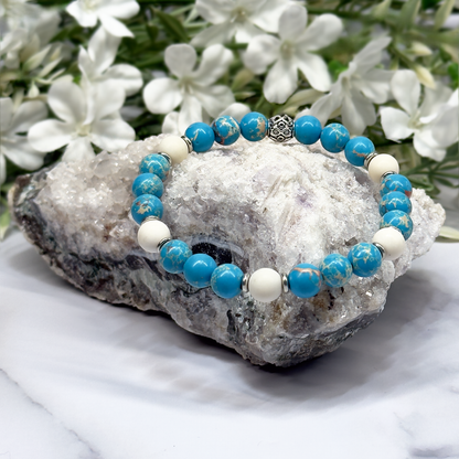 Blue Imperial Jasper and Matte Ivory Jade Stretch Bracelet – Artisan Made
