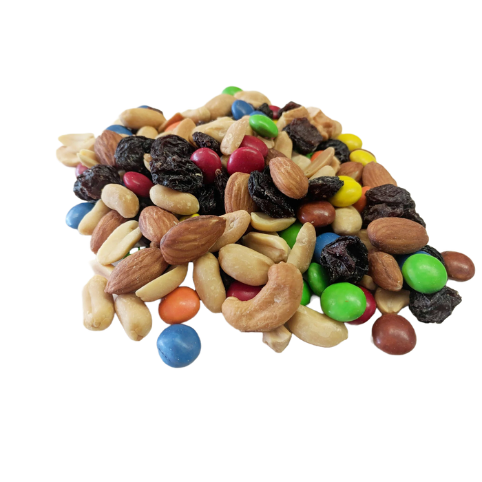 Brad's Sweet & Salty Trail Mix includes dark flame raisins ;plain chocolate lentils ;Roasted Salted peanuts, Roasted Salted cashews ; Roasted Salted almonds