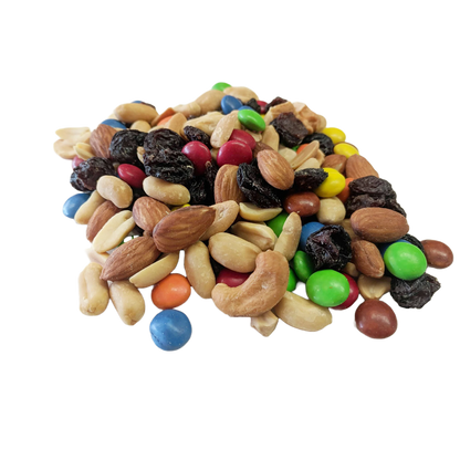 Brad's Sweet & Salty Trail Mix includes dark flame raisins ;plain chocolate lentils ;Roasted Salted peanuts, Roasted Salted cashews ; Roasted Salted almonds