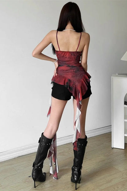 Gradient Ruffle Tassel Sling Sweet Retro Sexy Mini Dress
