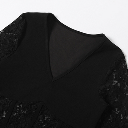 Long sleeve lace v neck bowknot mini dress  | Festival Outfits Women