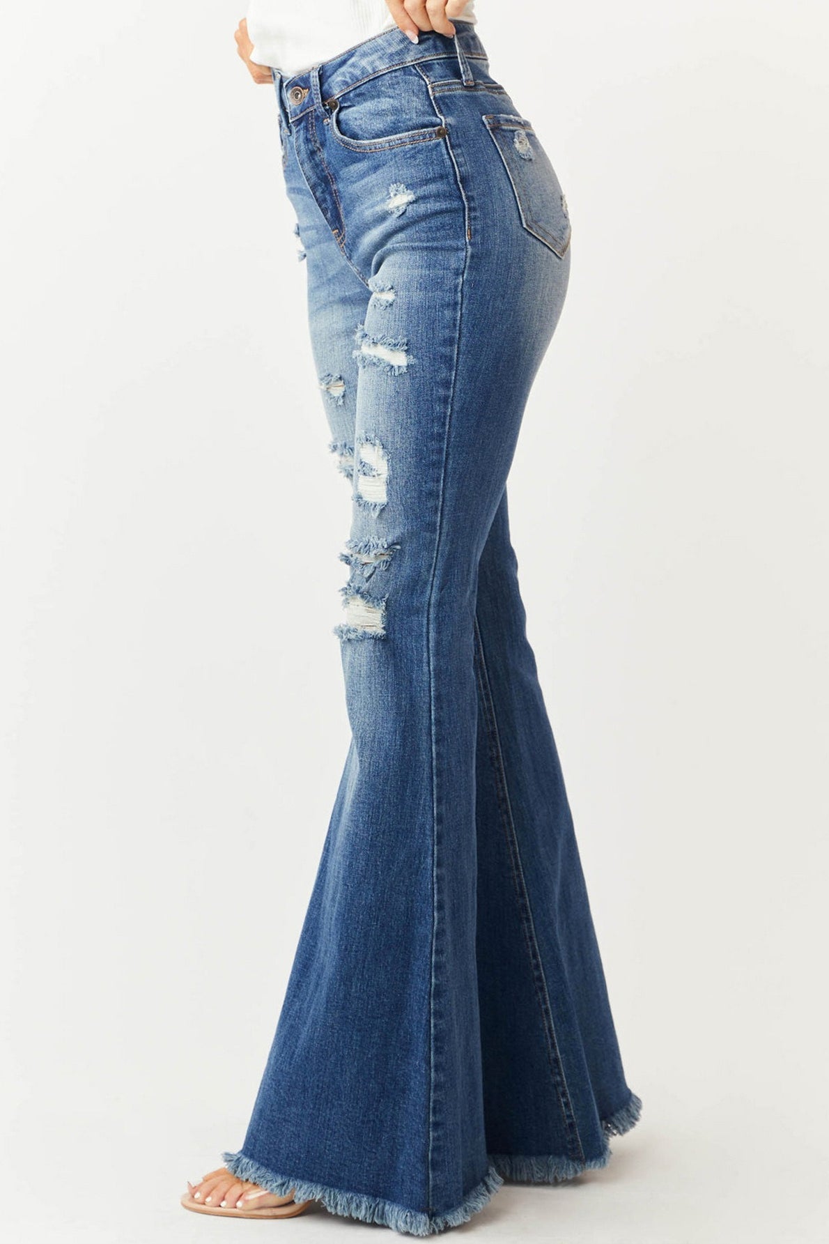 Slim Stretch Mid Waist Distressed Fringe Vintage Flare Jeans