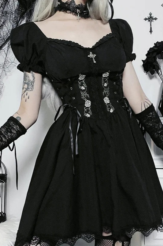 Black V Neck Lace Up High Waist Corset Mini Dress