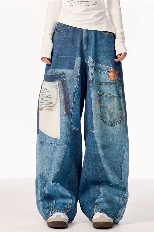 High Street Vintage Patchwork Print Wide-Leg Jeans