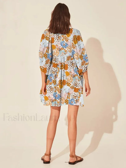 Casual Loose Floral Print Spring/Summer Women's 2024 New Lantern Sleeves Lace-up V-neck Mini Dress