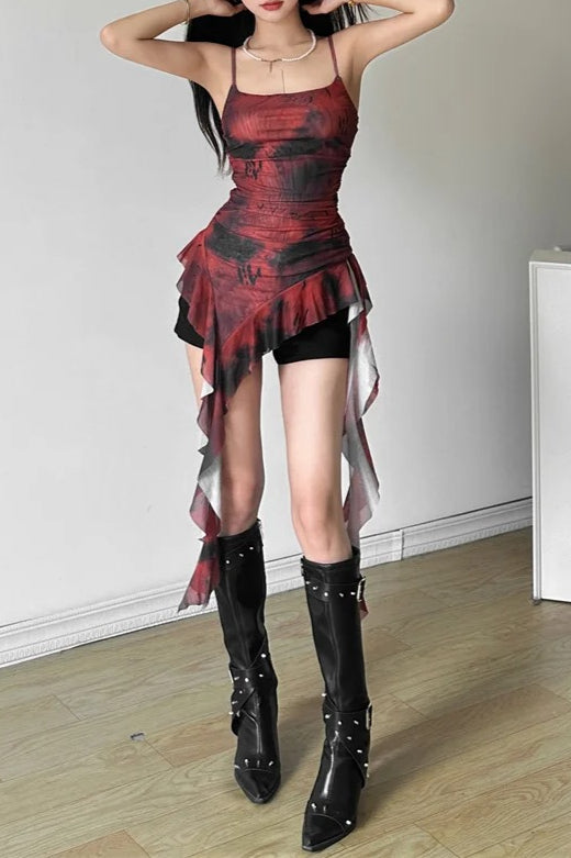 Gradient Ruffle Tassel Sling Sweet Retro Sexy Mini Dress
