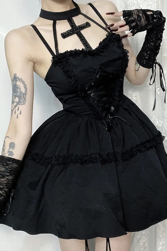 Lace Bandage Cross Halter Backless Gothic Mini Dress