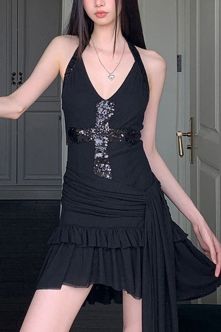Black Sequin Cross Halter V-neck Mini Dress