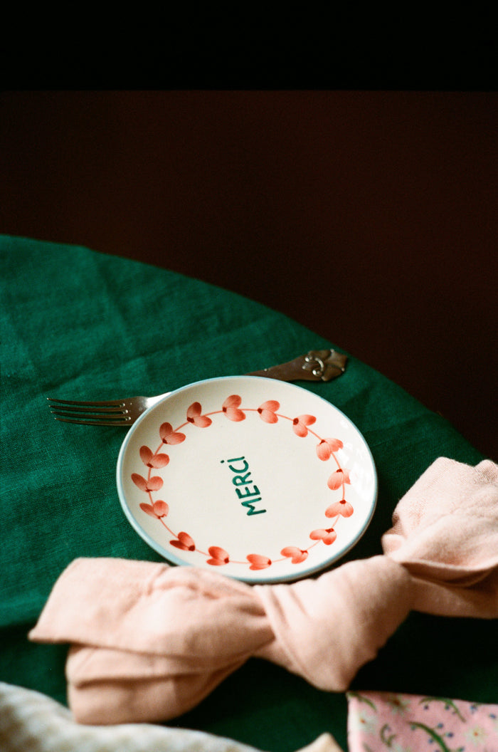 Ceramic Cake Plate with Hand Painted Merci