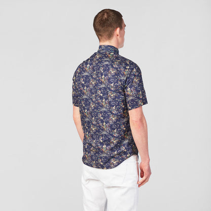 Chemise imprimée manches courtes bleu fonce en coton homme serge blanco