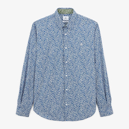Chemise imprmé floral bleu océan à manches longues en coton