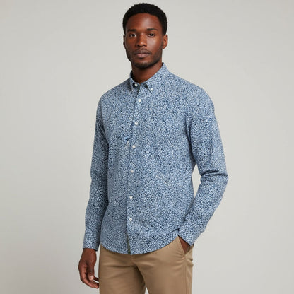 Chemise imprmé floral bleu océan à manches longues en coton
