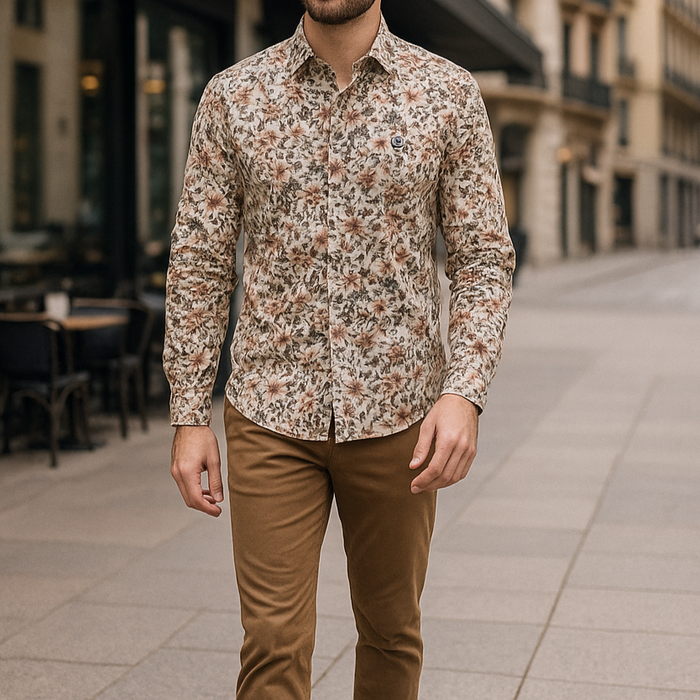 Chemise manches longues a fleurs vert militaire en coton homme SERGE BLANCO