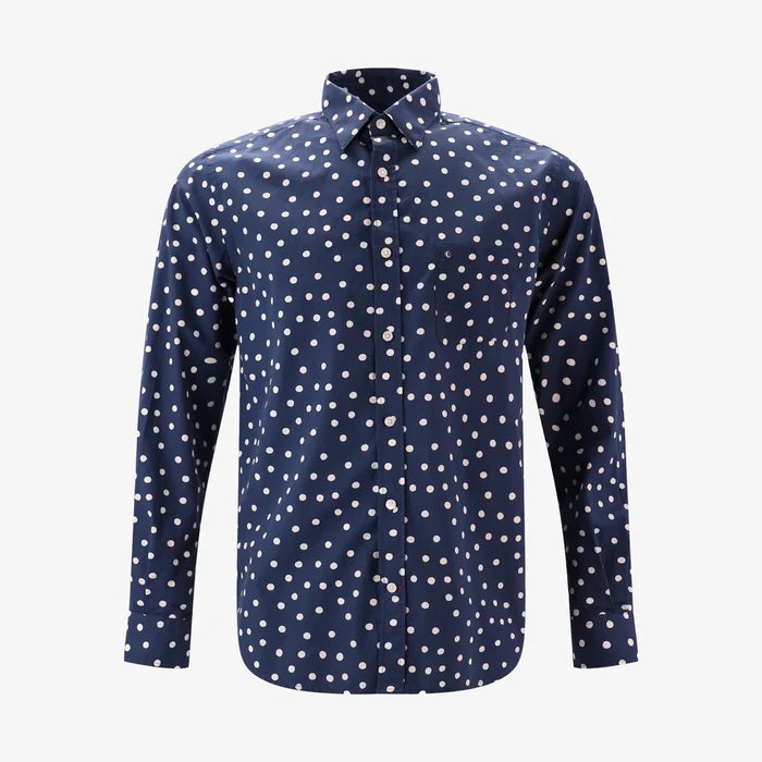 Chemise manches longues à pois bleu fonce en coton homme serge blanco