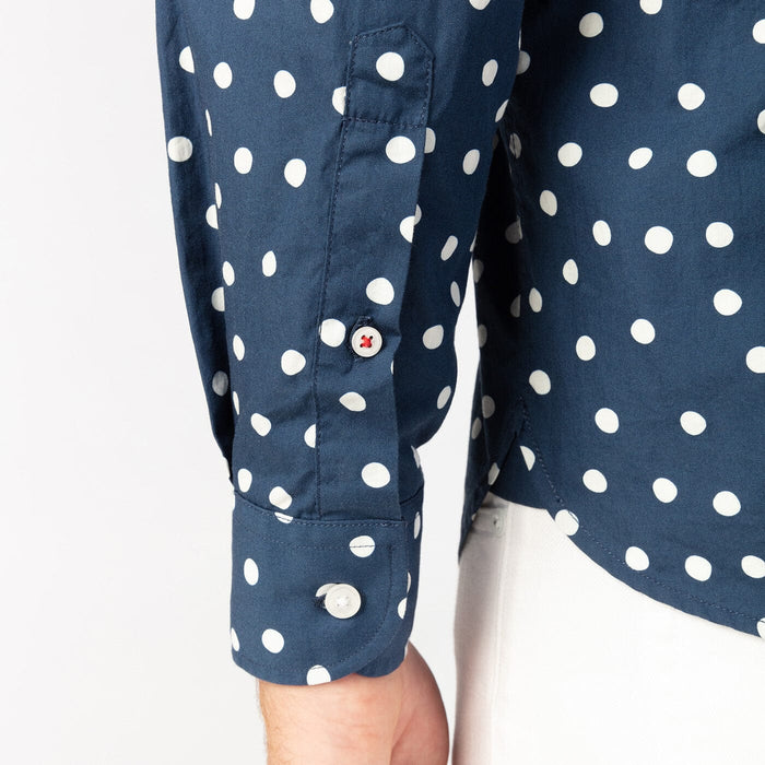 Chemise manches longues à pois bleu fonce en coton homme serge blanco