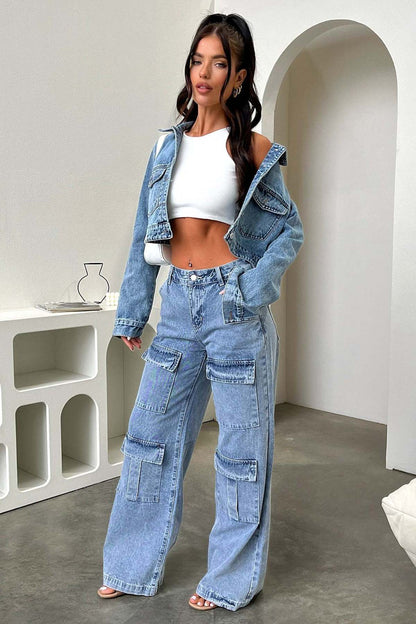 Women Fashion Casual Multi Pocket Wide Leg Jeans