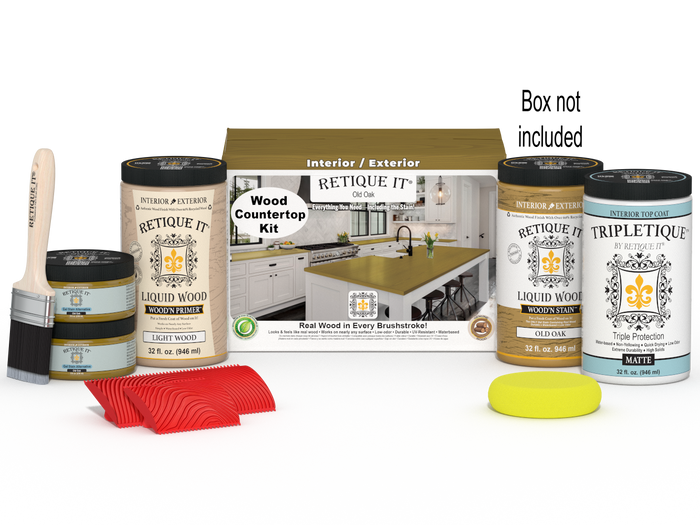 Retique It Old Oak countertop kit with stain options, featuring a full kitchen setup on a natural wood surface.