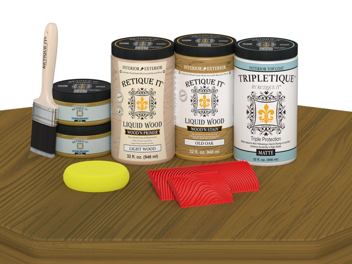 Retique It Old Oak countertop kit with matte stain finish displayed on a kitchen countertop.