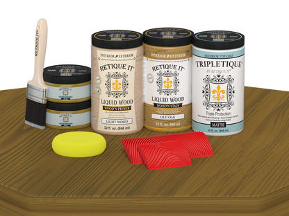 Retique It Old Oak countertop kit with matte stain finish displayed on a kitchen countertop.