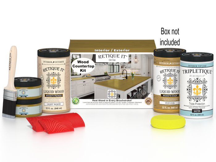 Retique It Old Oak countertop kit with stains, featuring a full kitchen setup on a wooden surface with tools and materials.