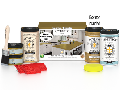 Retique It Old Oak countertop kit with stains, featuring a full kitchen setup on a wooden surface with tools and materials.
