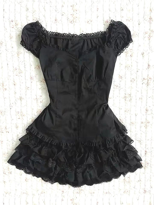 Sweet Lace Ruffle Waist Mini Dress