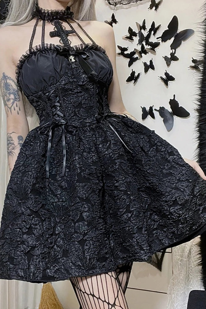 Black Gothic Jacquard Ruched Bandage A-line Mini Dress