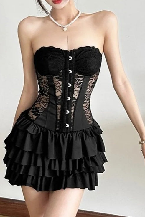 Black Lace Patchwork Off Shoulder Backless Tiered Mini Dress