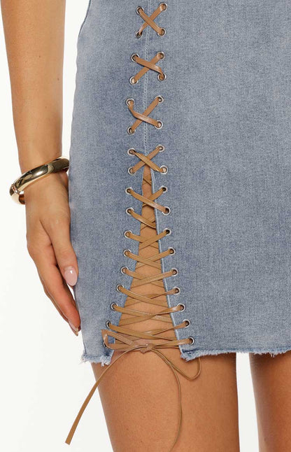 Danica Light Wash Denim Lace Up Strapless Mini Dress