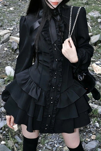 Black Gothic Lace O Neck Long Sleeve Slim Lolita Mini Dress