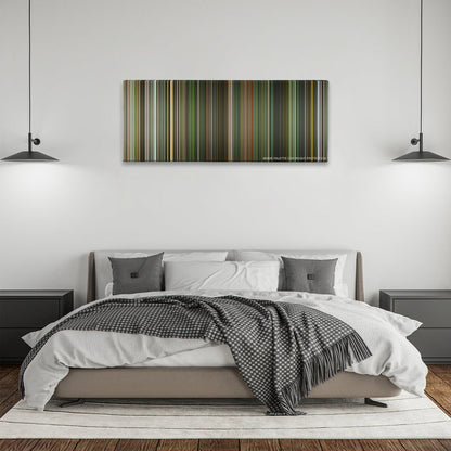 Dredd color palette canvas above a bed, between two black pendant lamps