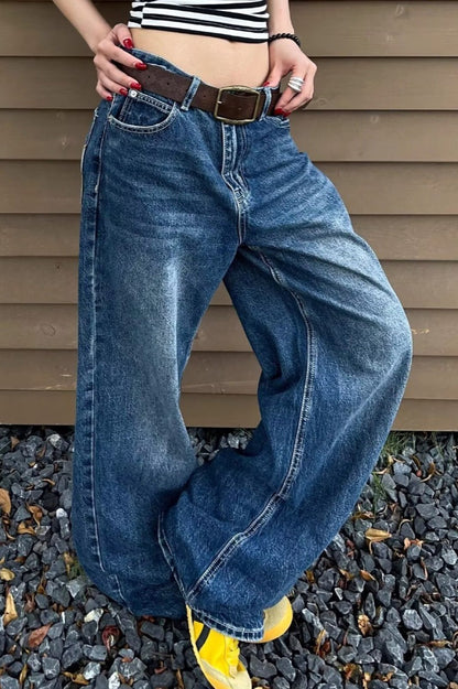 Oversized Washed Star Embroidered Wide Leg Jeans