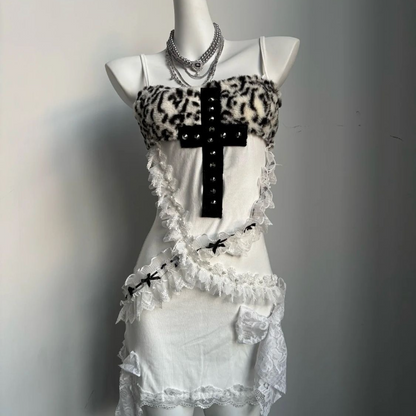 Leopard print cross pattern ruffle cami mini dress  | Festival Outfits Women  | Leopard Print Mini Dress