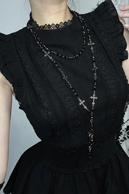 Dark Alt Gothic Sleeveless Lace Patchwork Slim Waisted Mini Dress