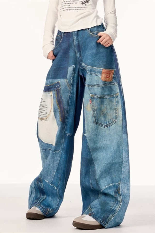 High Street Vintage Patchwork Print Wide-Leg Jeans