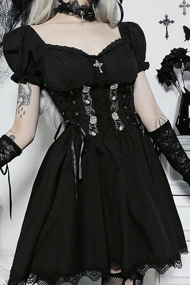 Black Gothic Bandage Corset Embroidery A-line Lolita Mini Dress