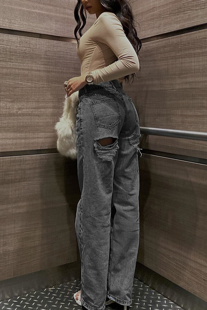 High Waist Distressed Slim Fit Denim Jeans